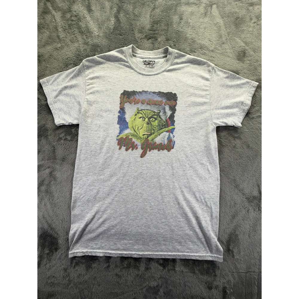 Gildan DryBlend Mr Grinch Graphic T-Shirt Gray Mens Medium Short Sleeve Holiday